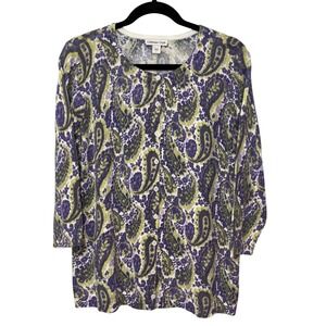 Coldwater Creek Water Color Paisley Cardigan Button Front 3/4 Sleeve Large